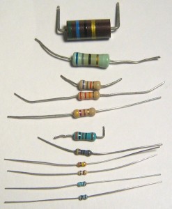 An array of resistors, all different sizes and colors
