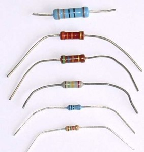 Several resistors in different sizes and colors