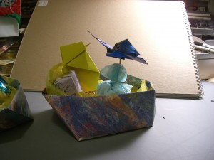 Origami Easter basket with butterfly and chick