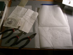 Sketches for wire birds; wire-bending tools