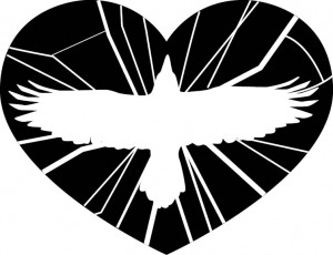 silhouette of a raven in flight on a shattered heart